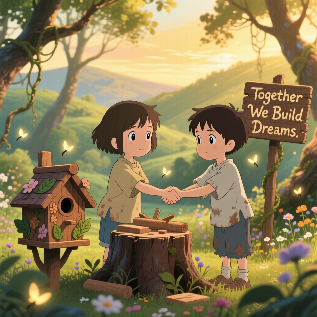 A tender moment of two children shaking hands after building something together, the scene warmly nostalgic.