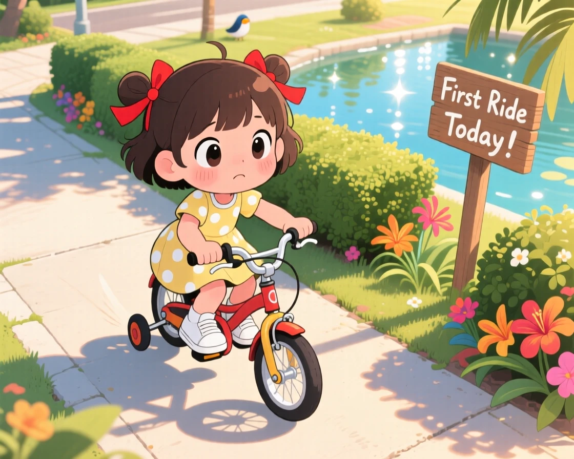 Bird's-eye view of a young girl with pigtails, riding a wobbly bicycle for the first time, in a quiet suburban sidewalk, on a warm tropical afternoon, illuminated by shimmering reflected light off water, radiating brave confidence.