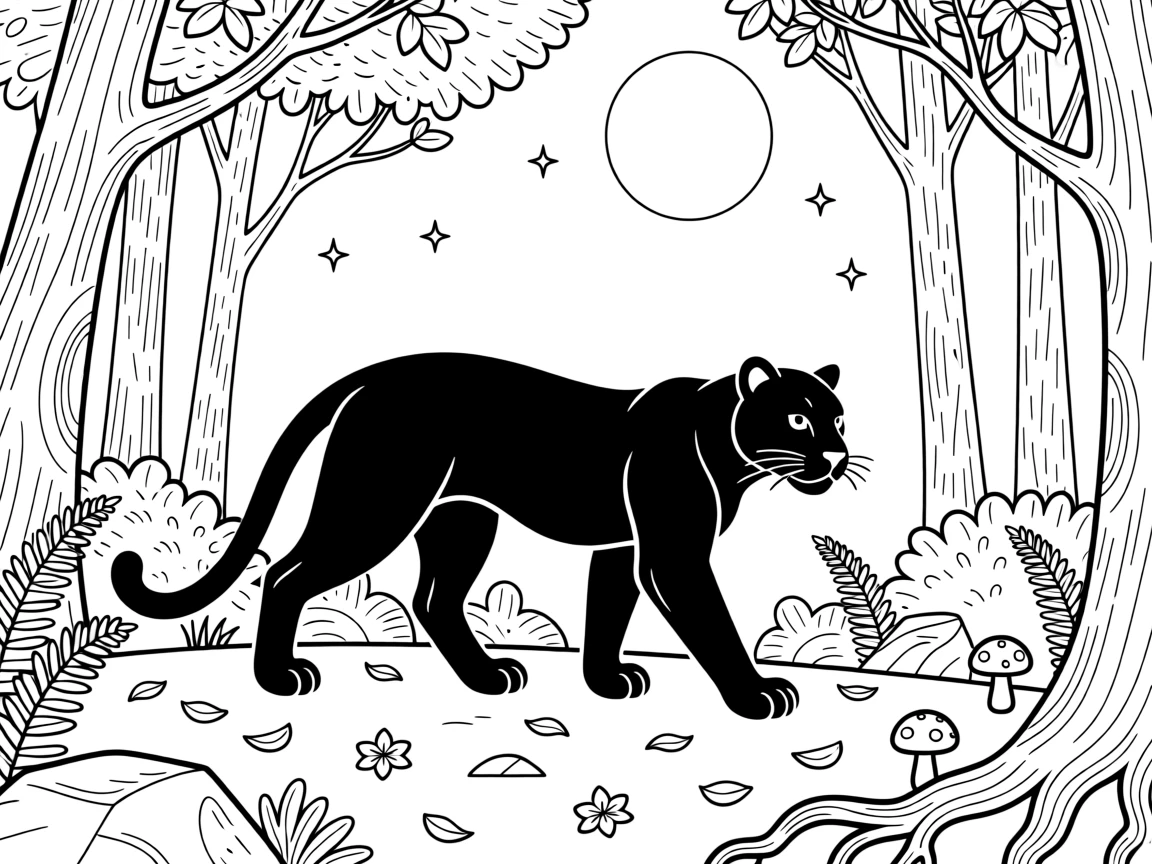 A black panther prowling through a moonlit forest, surrounded by a scattering of fallen petals.