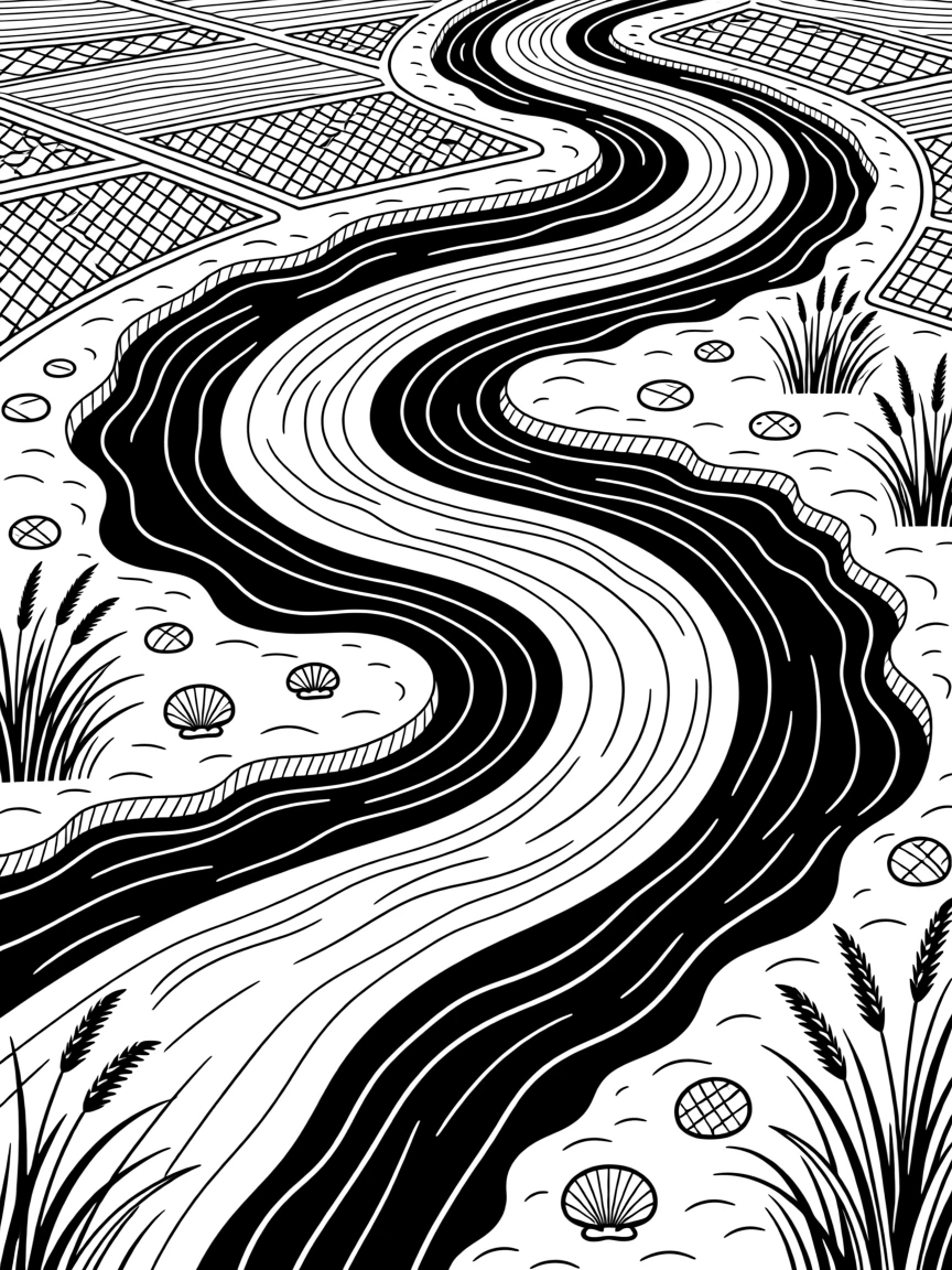 A river delta seen from above with braided channels and sandbars.