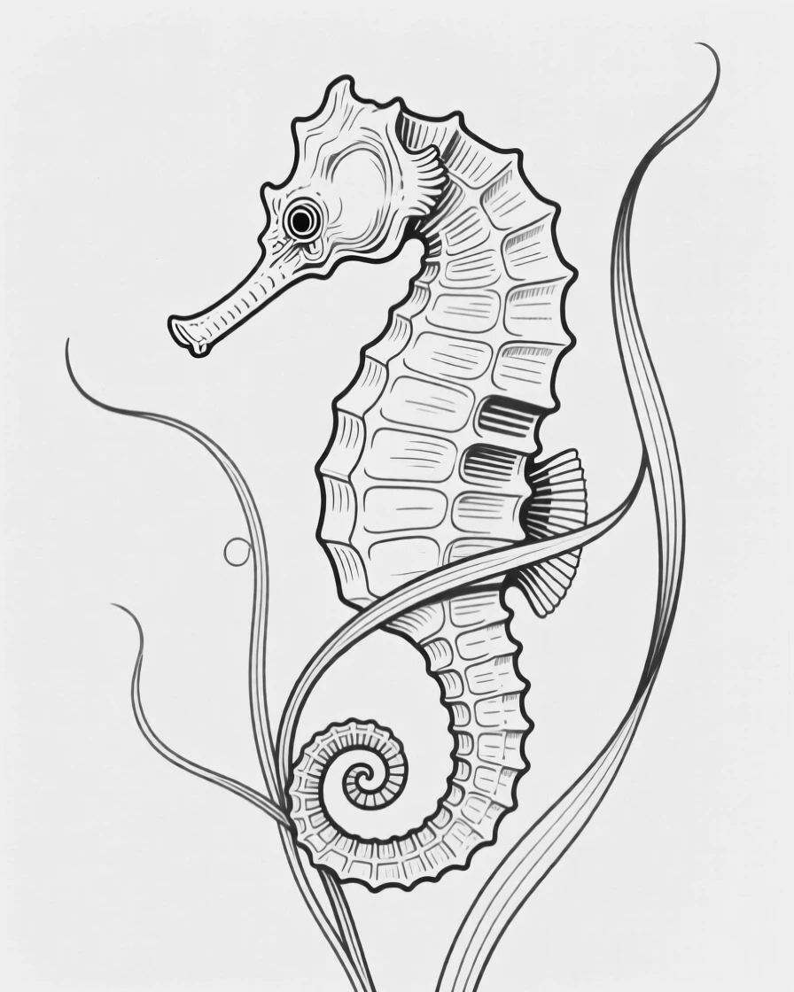 A seahorse curling its tail around a strand of sea grass