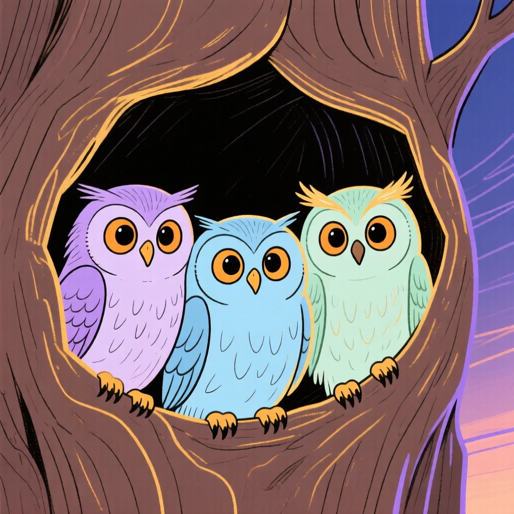 Three baby owls peeking out of a tree hollow at dusk.