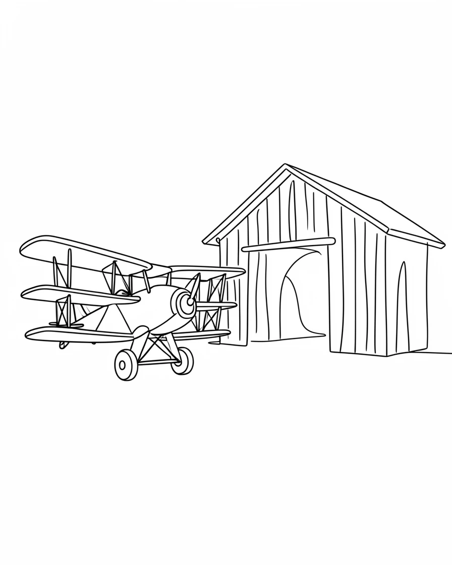 A vintage biplane parked beside a rustic wooden hangar