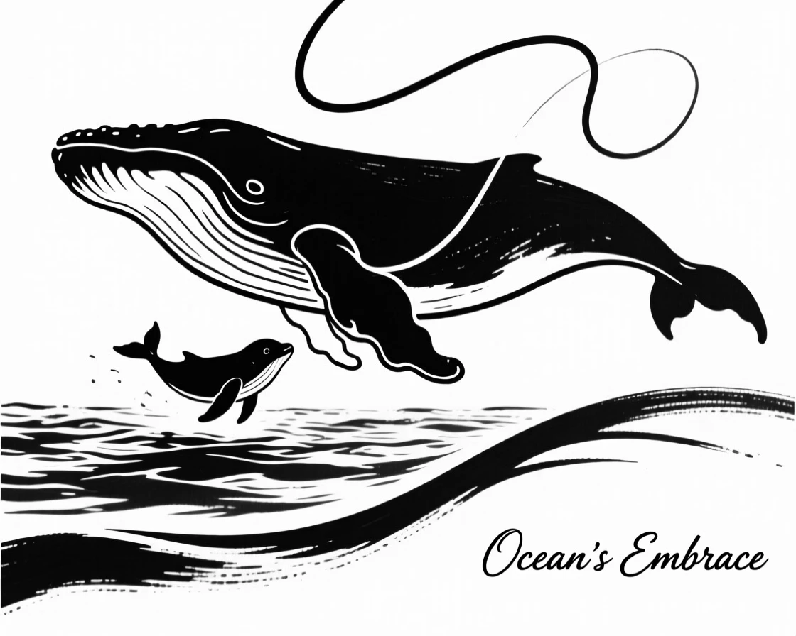 A humpback whale calf swimming close beside its mother in open ocean.