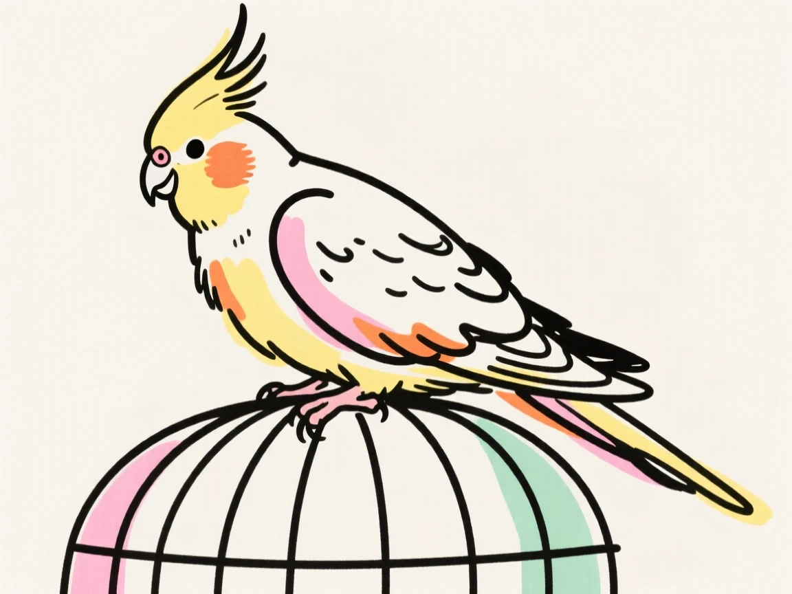 A cockatiel perched on top of its cage, feathers fluffed.