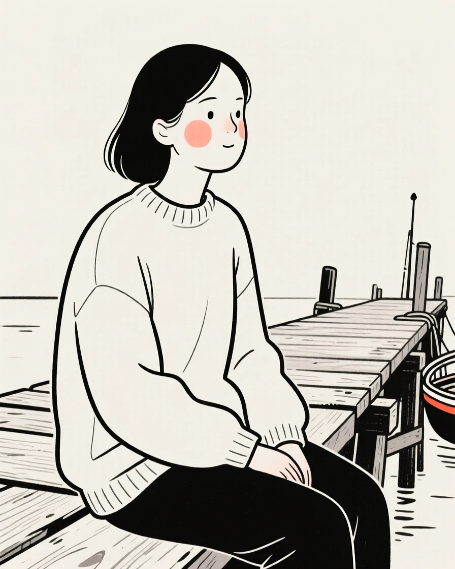 A woman in her thirties of Scottish heritage in a cozy oversized sweater, resting in calm stillness, on a wooden fishing pier.