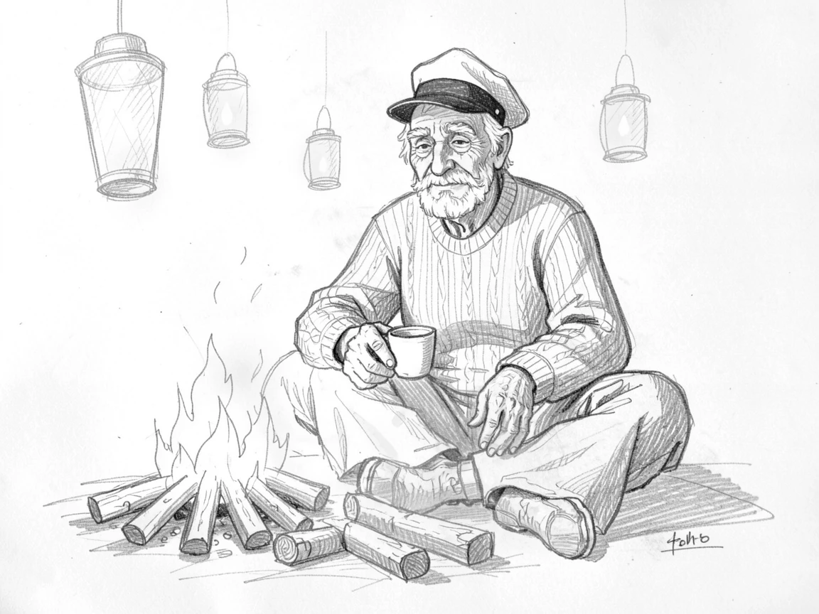 A tender portrait of a wise old sailor, surrounded by floating lanterns, beside a crackling campfire.