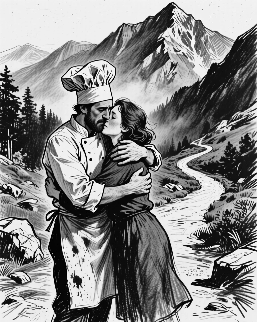 A chef embracing a loved one after a long separation, on a mountain trail.