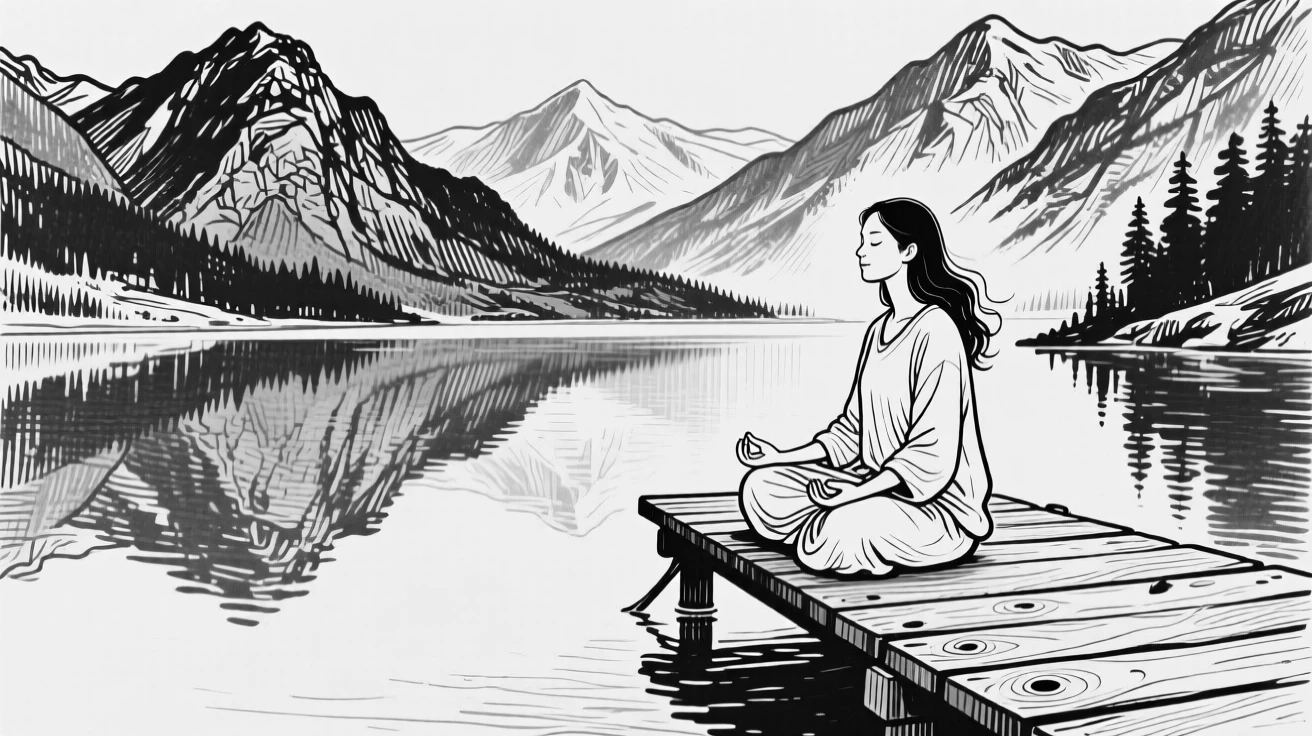 A woman meditating quietly on a dock beside a still mountain lake.