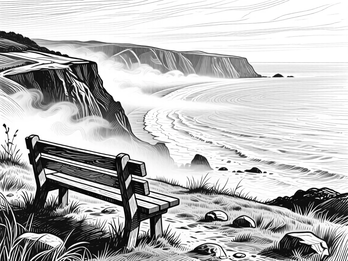 A curved coastline as fog rolls slowly across the valley, with a single wooden bench overlooking the view, evoking an awe-inspiring in its scale atmosphere in a wide, balanced composition.