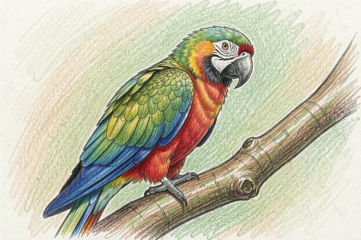 A parrot with vivid feathers perched on a tropical branch, framed by a simple, uncluttered natural setting, capturing a heartwarming, tender connection.