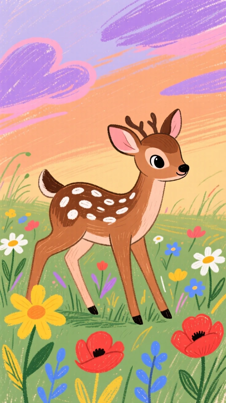 A spotted fawn wandering through a field of wildflowers at dusk.