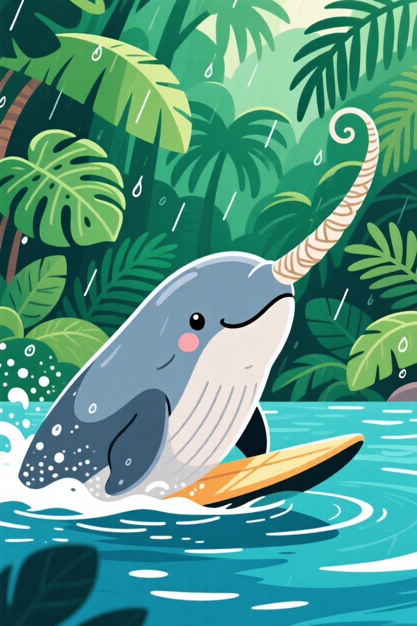 A narwhal surfacing with its long spiral tusk visible, set against a lush green rainforest backdrop, captured mid-motion with a dynamic diagonal composition, with a sense of playful curiosity captured perfectly.