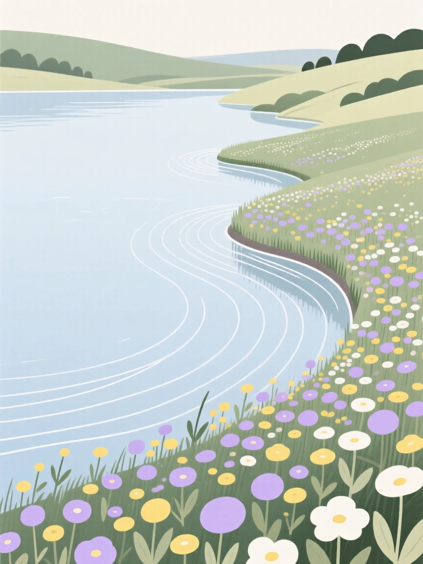A tranquil quiet lagoon surrounded by wildflower banks, with gentle ripples on the surface.