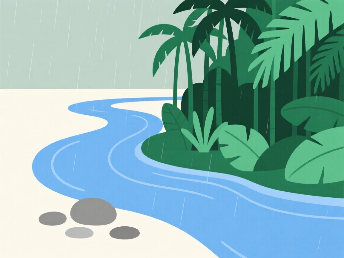A winding river, standing at the edge of a tropical rainforest, with smooth river stones nearby, evokes serene isolation.