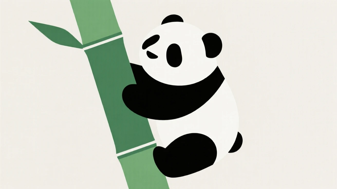 A panda cub climbing a bamboo stalk