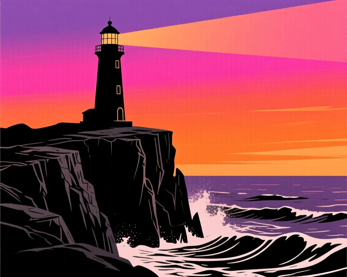 A lighthouse standing alone on a rocky cliff edge as waves crash below.