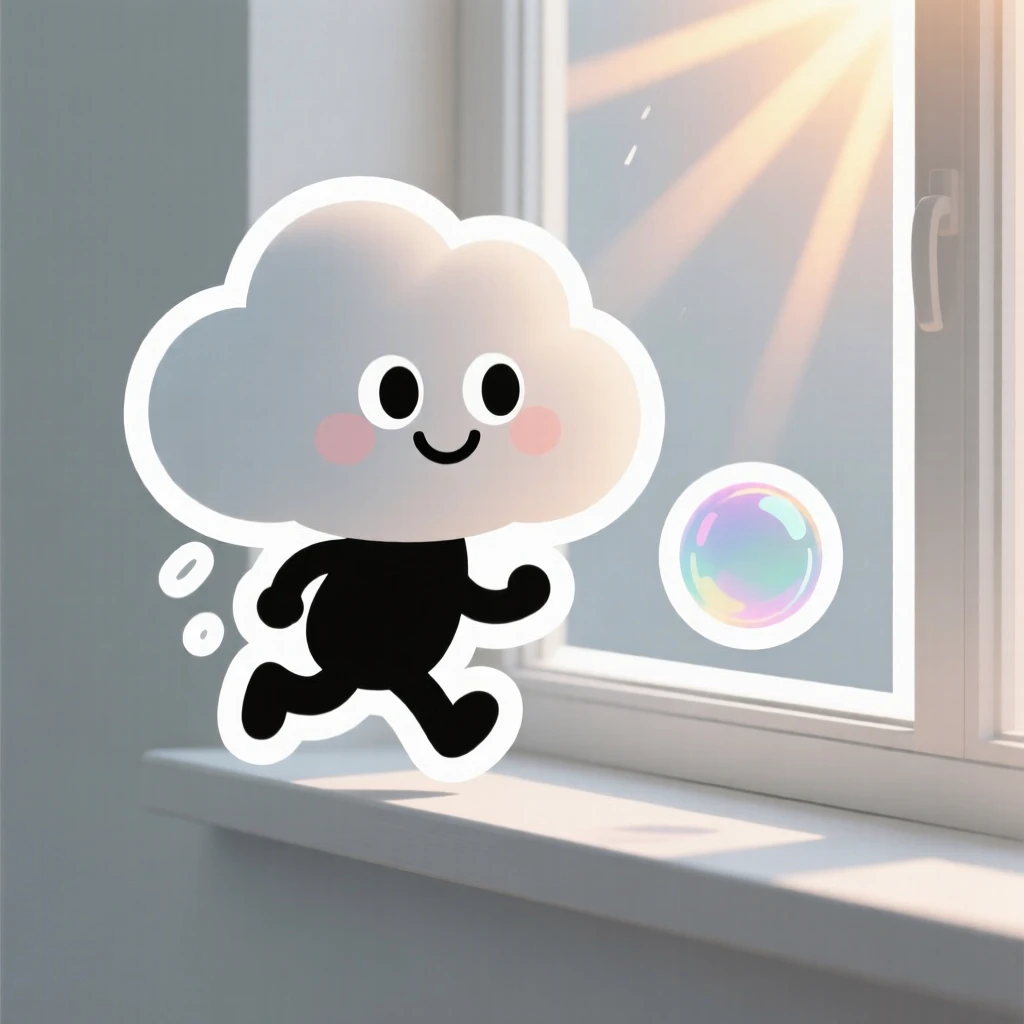 A wide-eyed round rain cloud with a smiling face chasing a floating soap bubble, on a windowsill with morning sunlight streaming in.