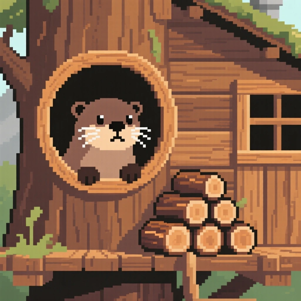 A young otter peeking through a round window of a treehouse, beside a stack of firewood near a cabin.