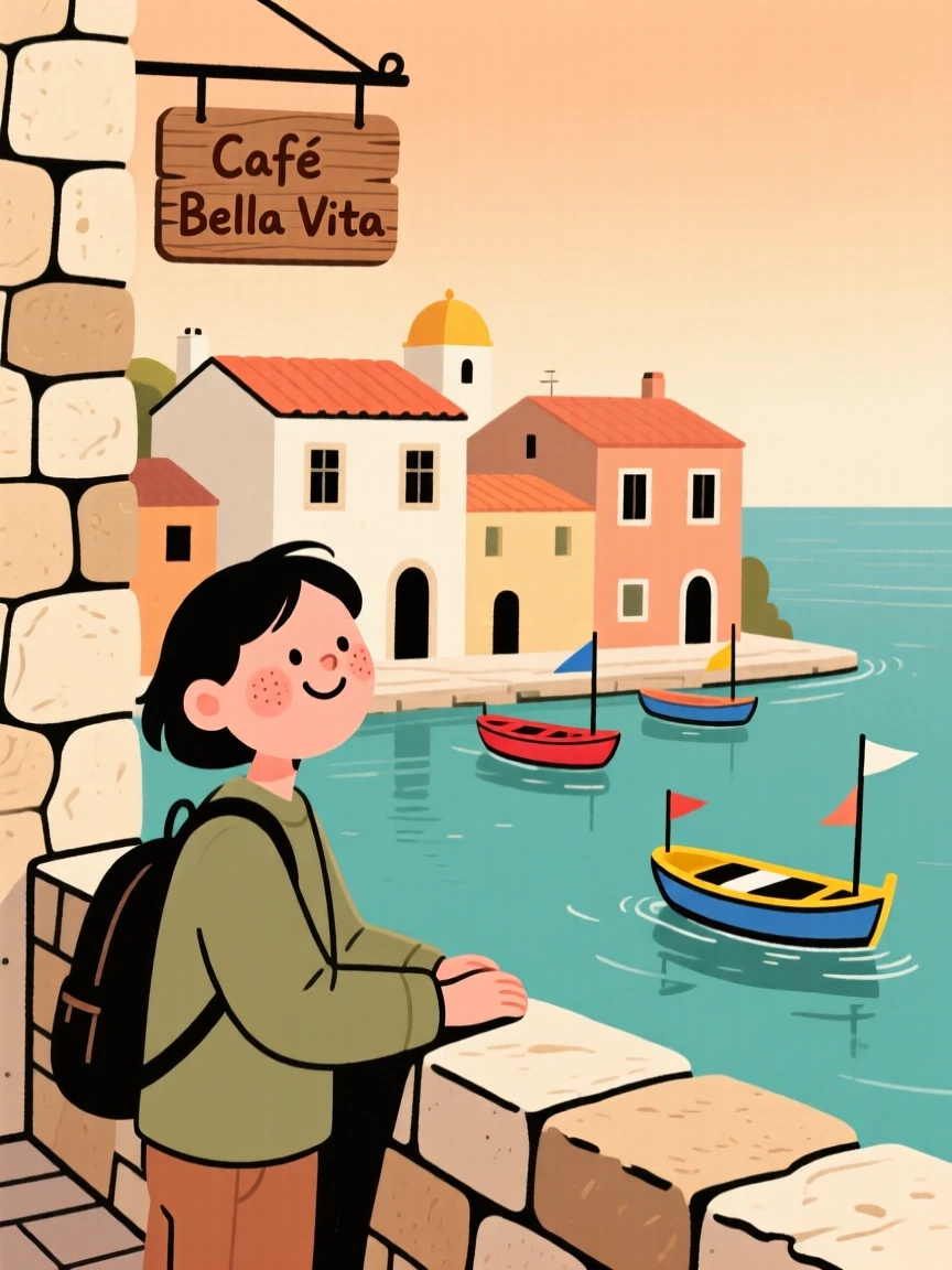 A traveler pauses on a stone terrace overlooking a sun-drenched Mediterranean village, watching boats gliding along the water as the golden afternoon light settles over the scene.