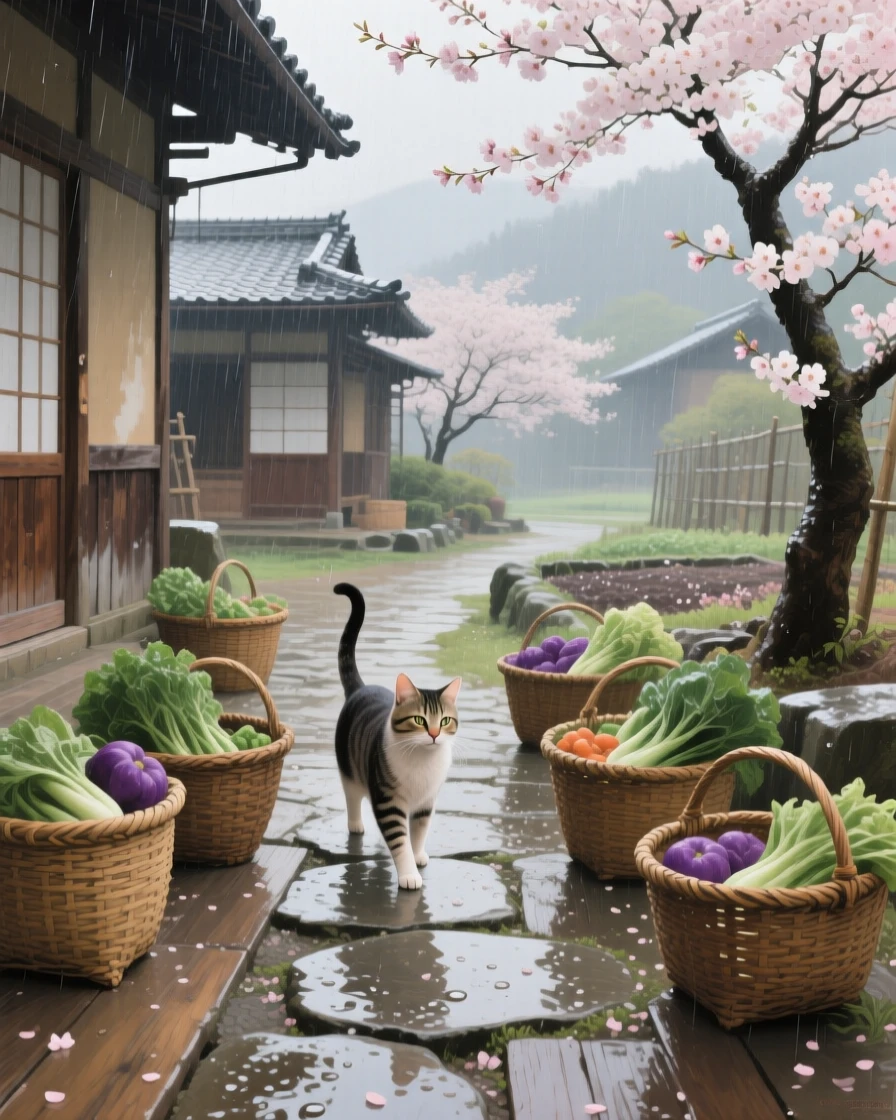 A sweeping wide shot of a farm cat weaving between baskets of freshly picked vegetables, in old Kyoto, as spring blossoms open, during a light rain.