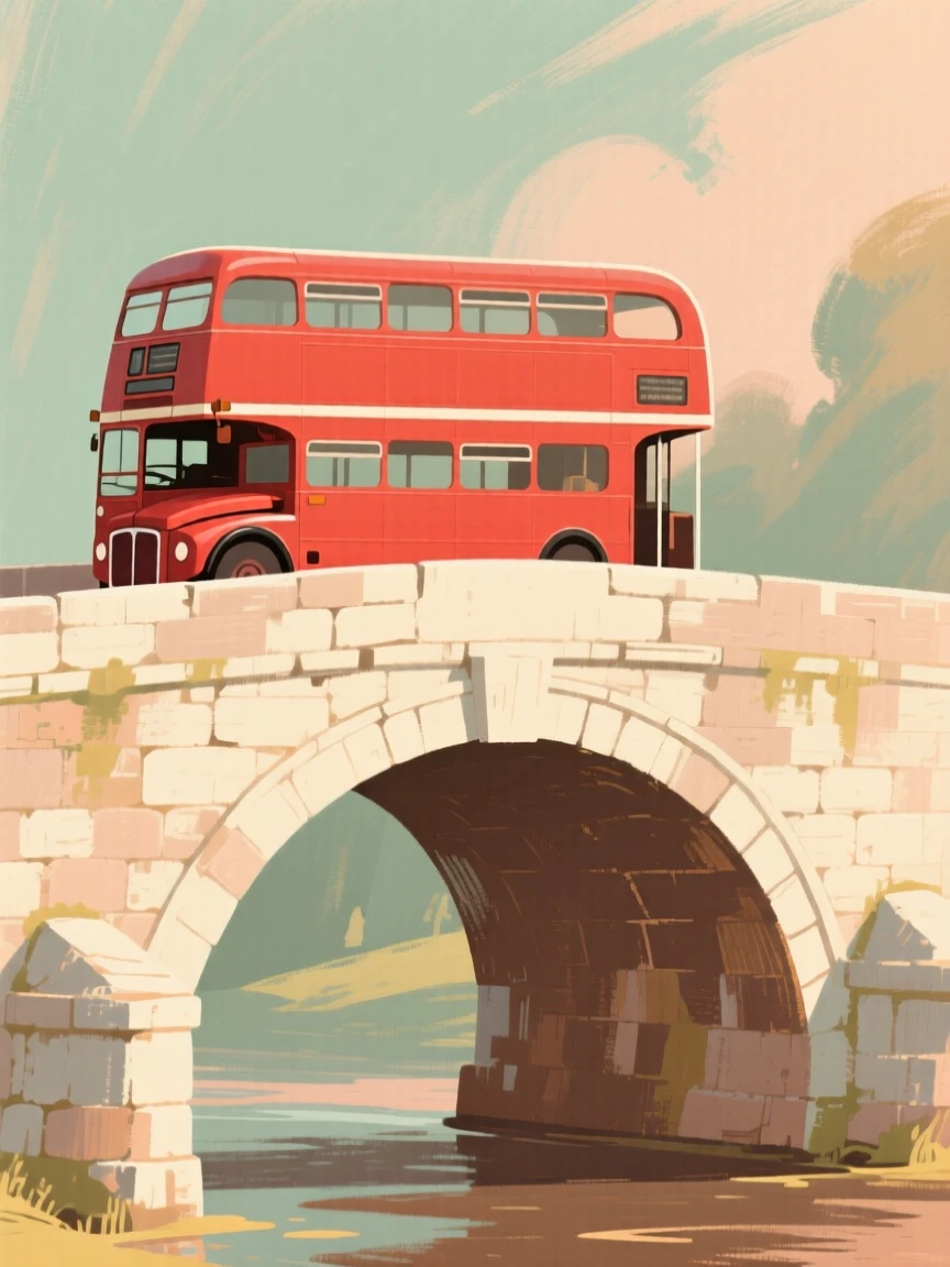 A classic red double-decker bus crossing an old stone bridge