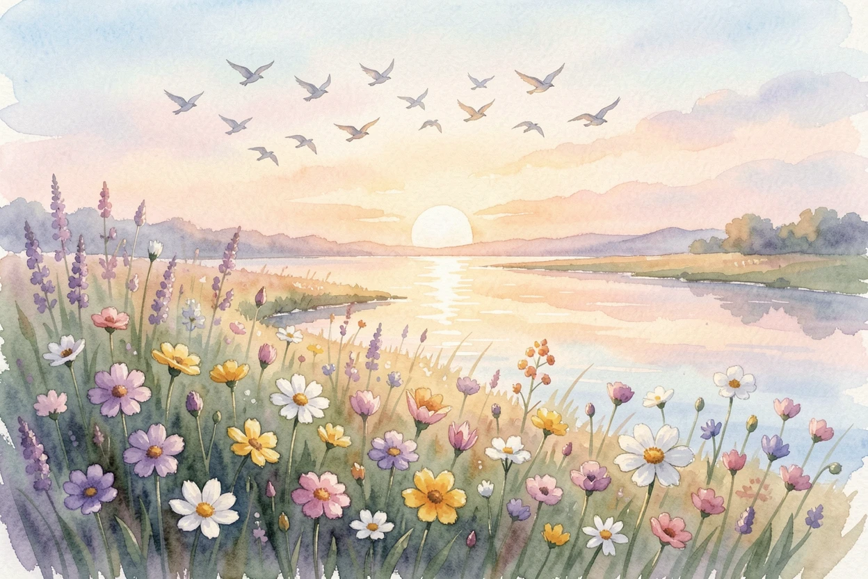 A wildflower meadow at sunrise under a sky full of migrating birds with reflections shimmering on the water.