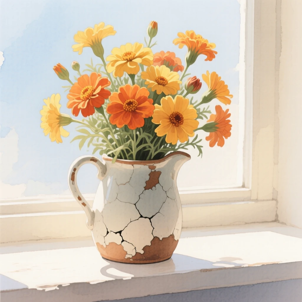 A bouquet of marigolds in soft, layered tones fills a chipped ceramic pitcher on a sunlit windowsill, petals catching the gentle light