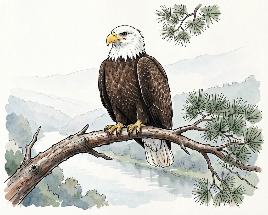A bald eagle perched on a weathered pine branch overlooking a misty river valley