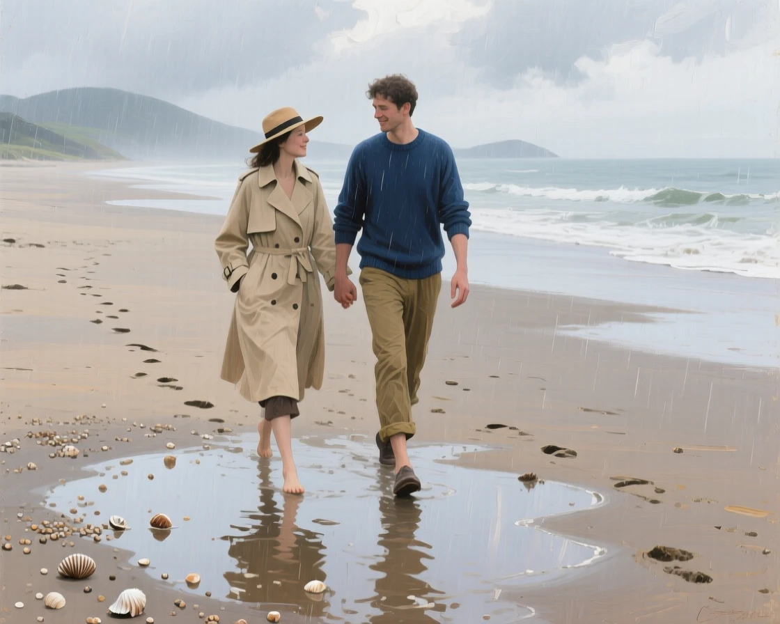 a couple walking along an empty beach, after a passing rain shower, with a clear foreground, subject, and distant setting.