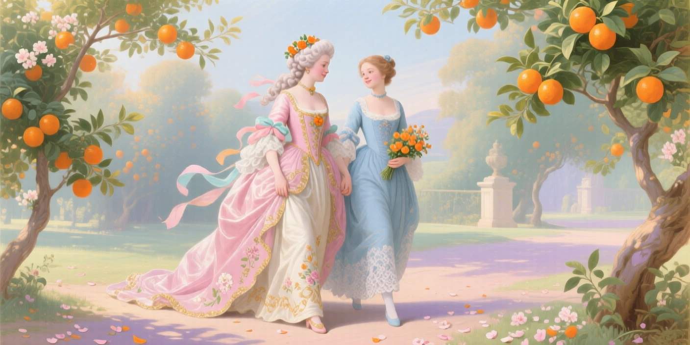 A queen walking through an orange grove with her closest companion  