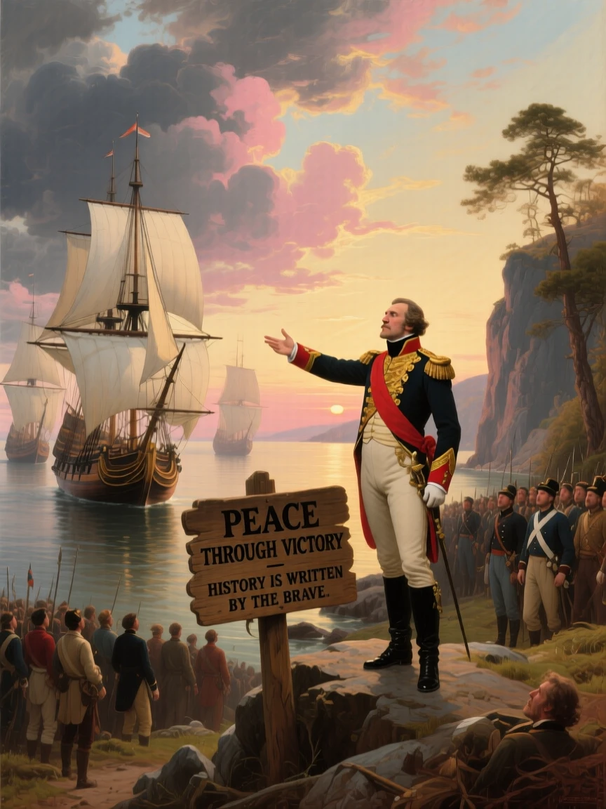 A fleet of ships addresses his troops before a hard-won peace as history is written.