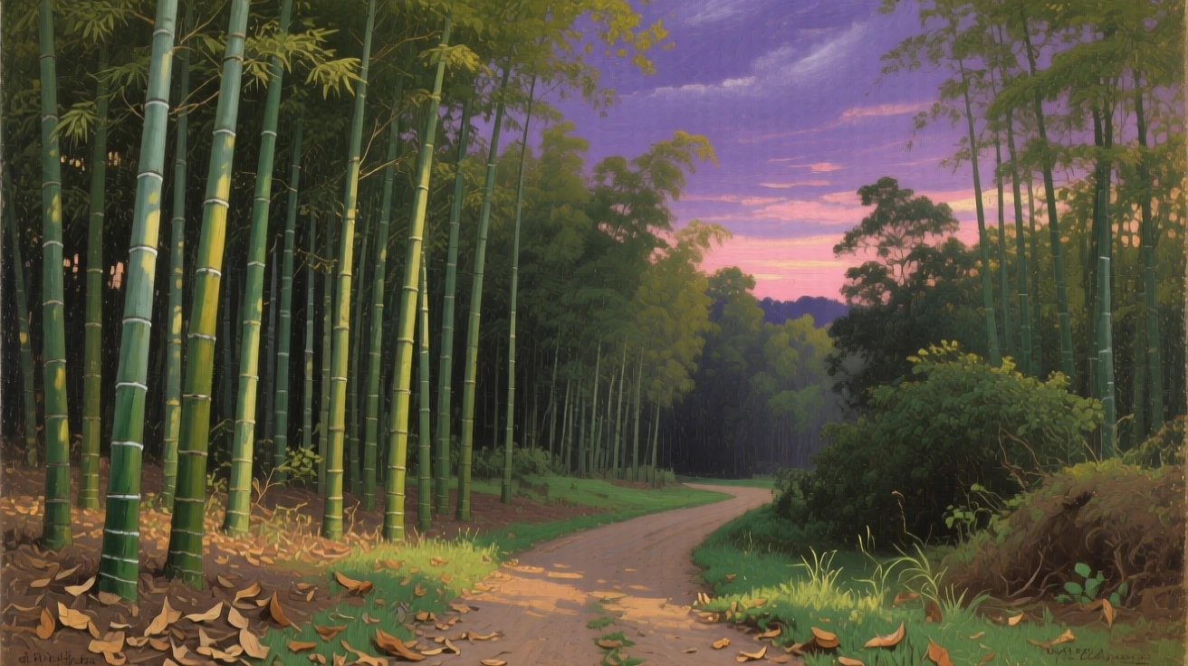 A bamboo forest with a narrow sunlit path winding through it, beneath a sky painted in deep purples and pinks, offering a moment of stillness amid overwhelming natural beauty