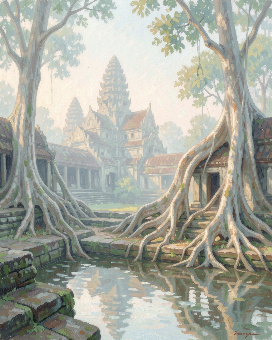 The ancient temples of Angkor Wat emerging from morning mist, tree roots winding over weathered stone.