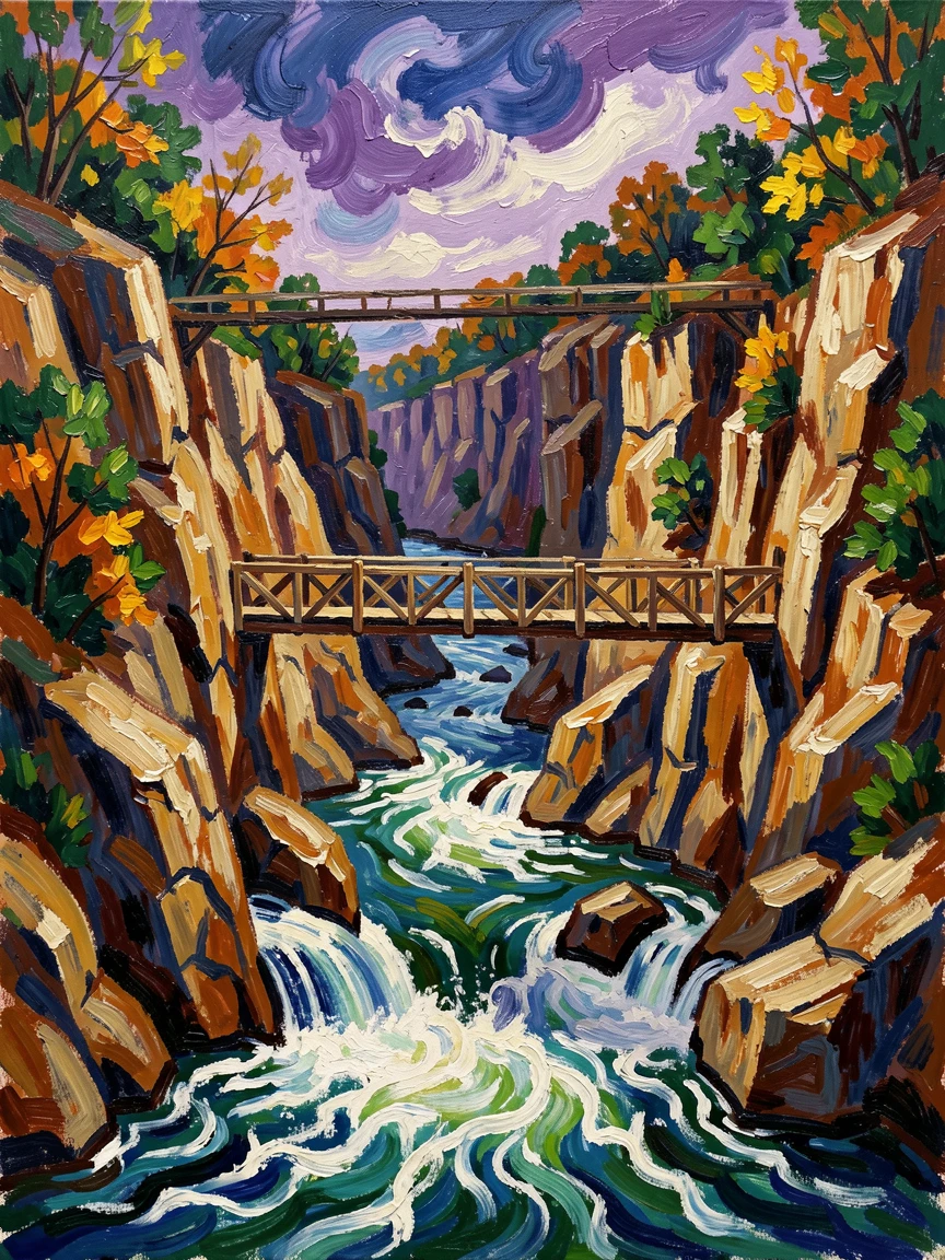 A river gorge with a single wooden bridge crossing high above rushing white water.
