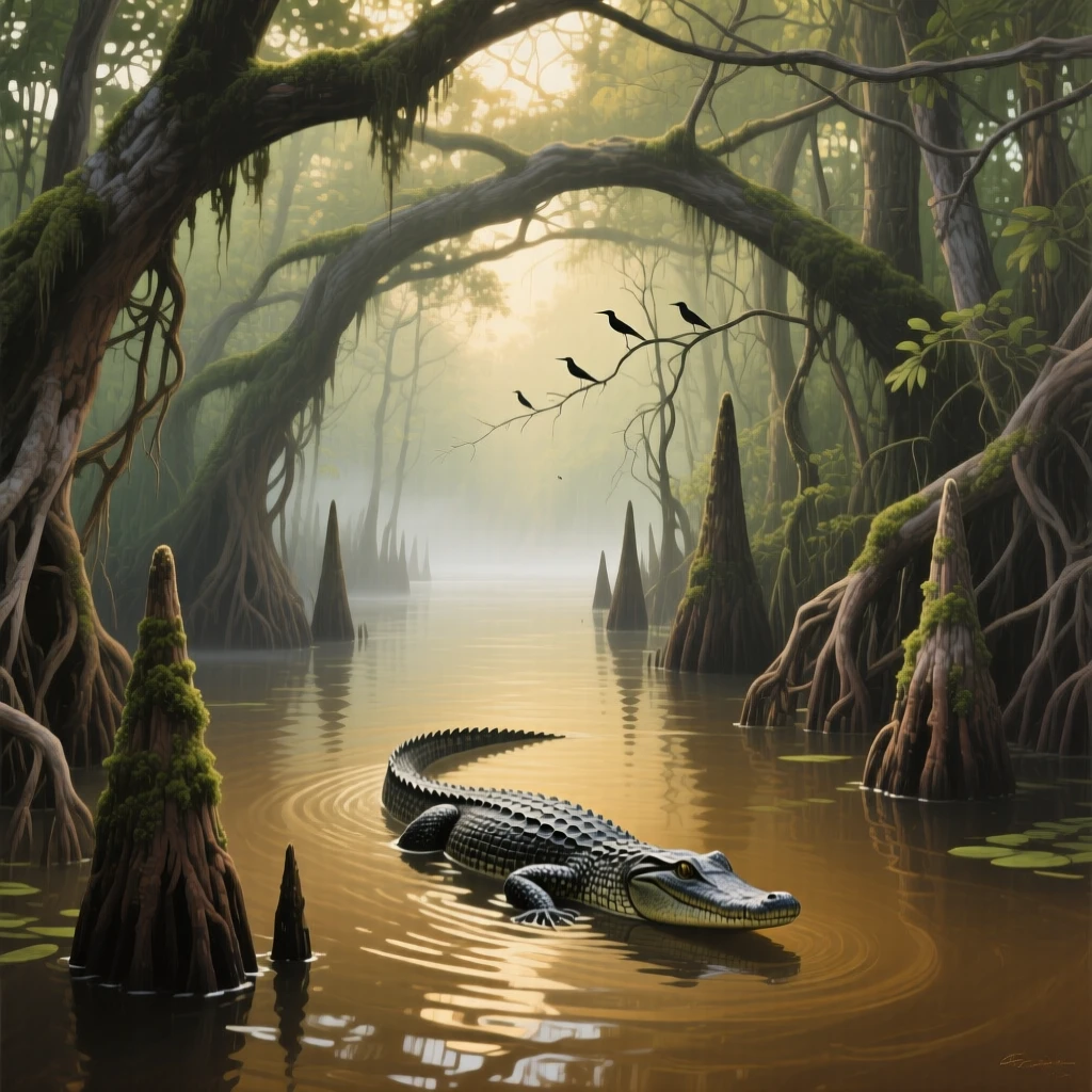 A dense mangrove tunnel in the Everglades shows an alligator gliding silently through tea-colored water, cypress knees rising from the swamp on either side, with the crisp, still air carrying only the faintest sounds of distant birdsong.