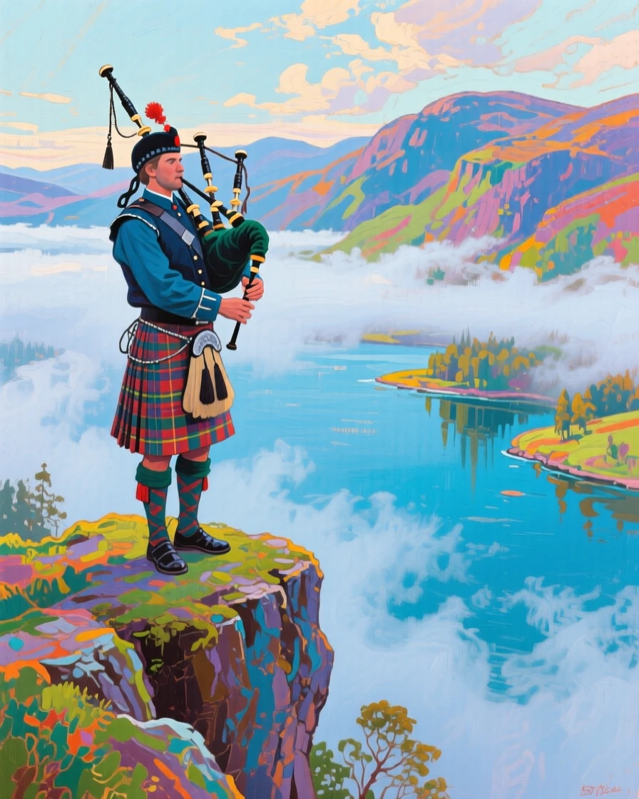 A traditional Scottish highland bagpiper standing on a misty cliff overlooking a loch