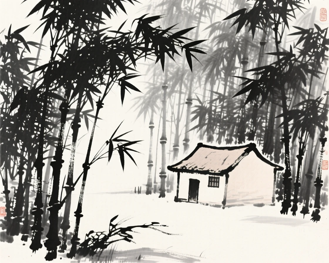 a dense bamboo grove swaying in the wind, with a small hut tucked among the trees.