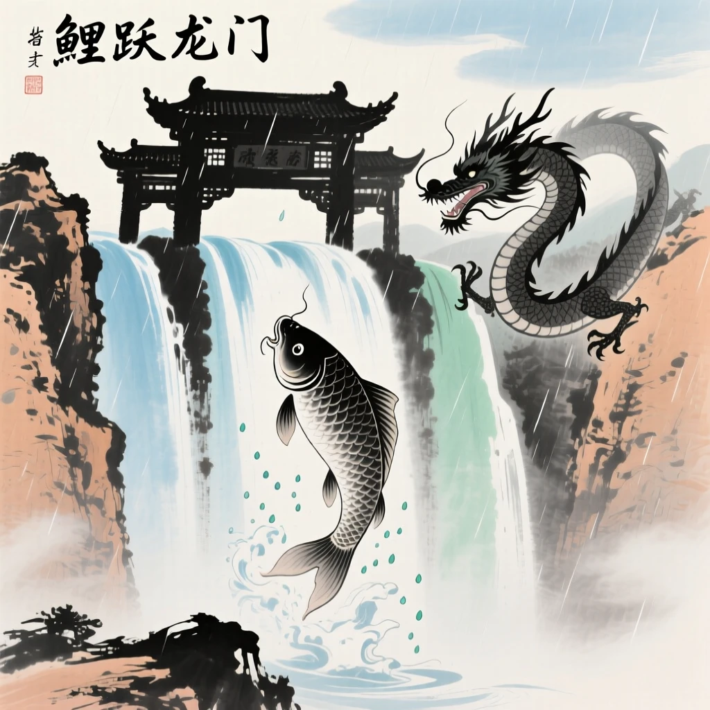 A legendary carp leaping through a waterfall gate to become a dragon, as summer rain begins to fall.
