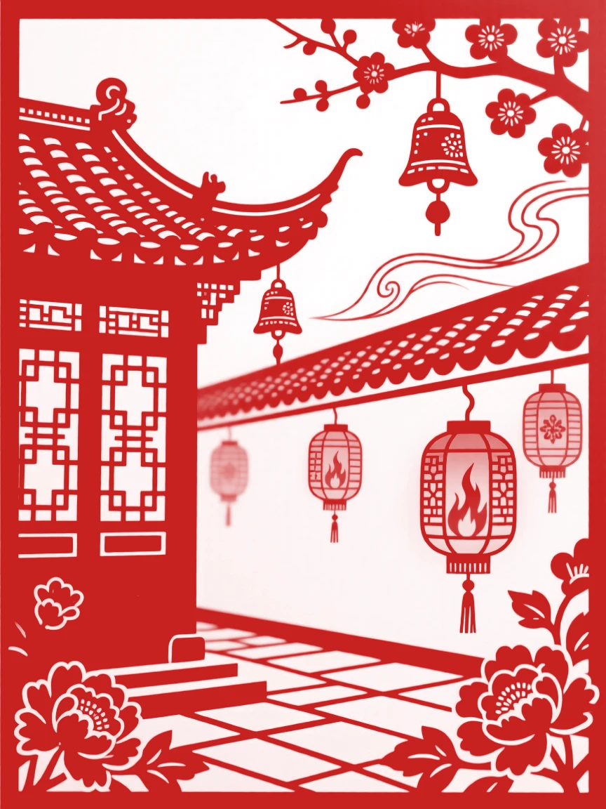 A courtyard house, as lanterns are lit for the coming night, its rooftop bells chiming softly in the breeze.