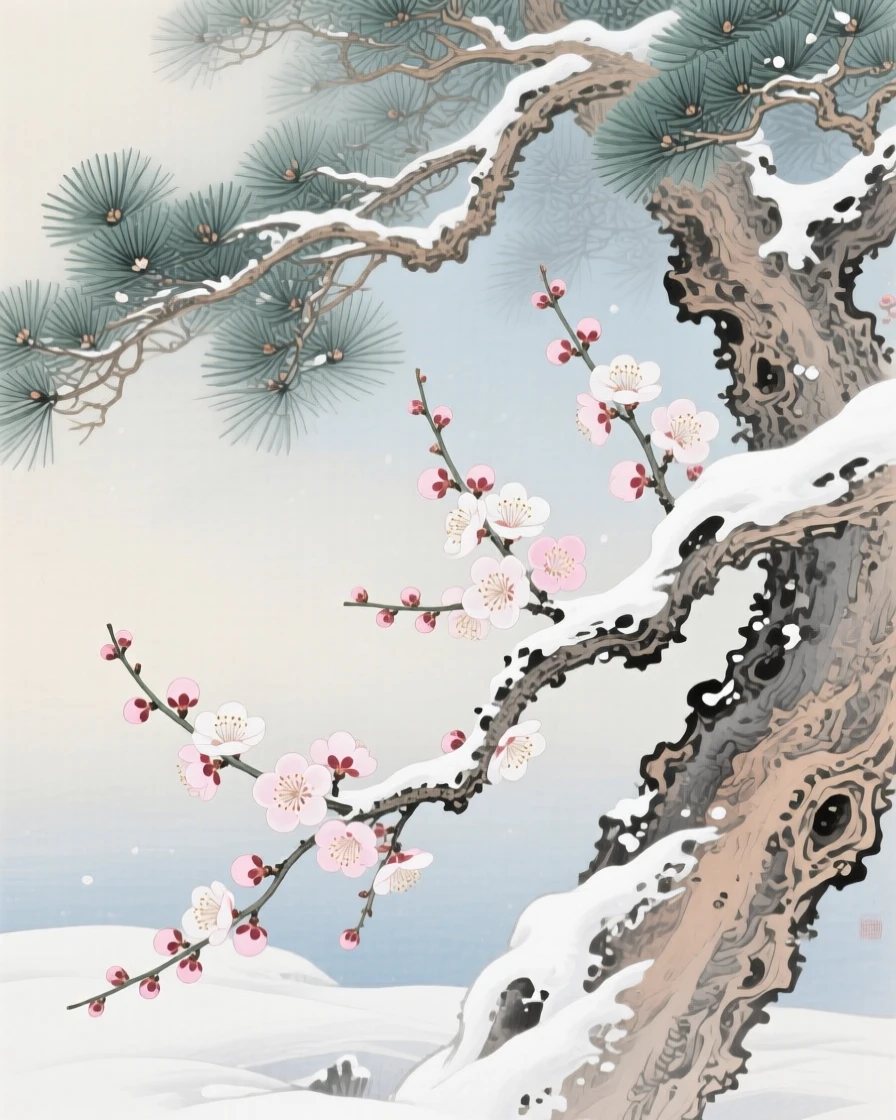 Plum blossoms on a snow-dusted branch beneath the shade of an ancient pine tree