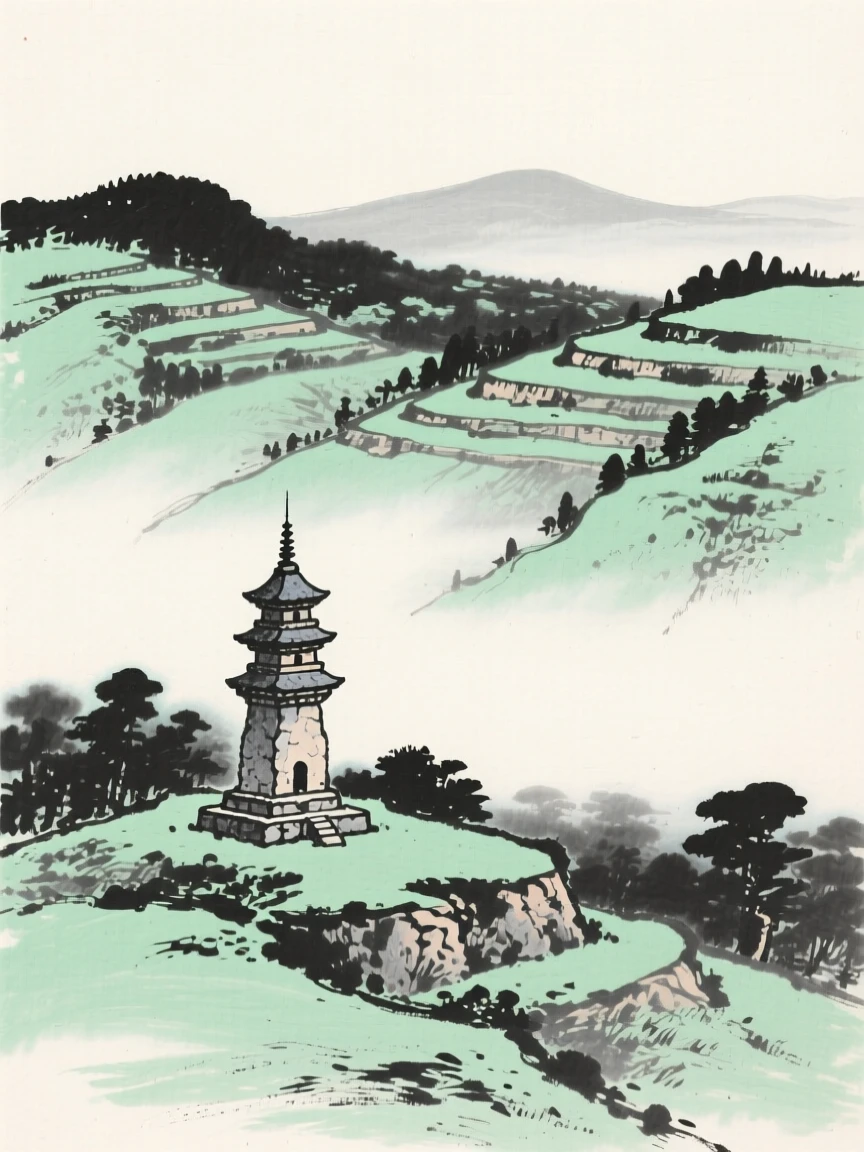 An ancient stone pagoda nestled among terraced green hillsides, captured from a distance, small against a vast landscape, conveying quiet reverence for the past.