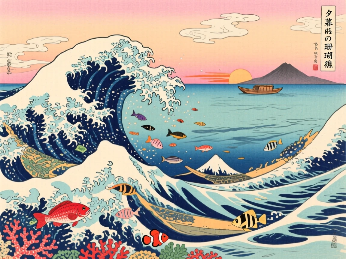 A coral reef alive with fish amid crashing surf and sea spray, at sunset.