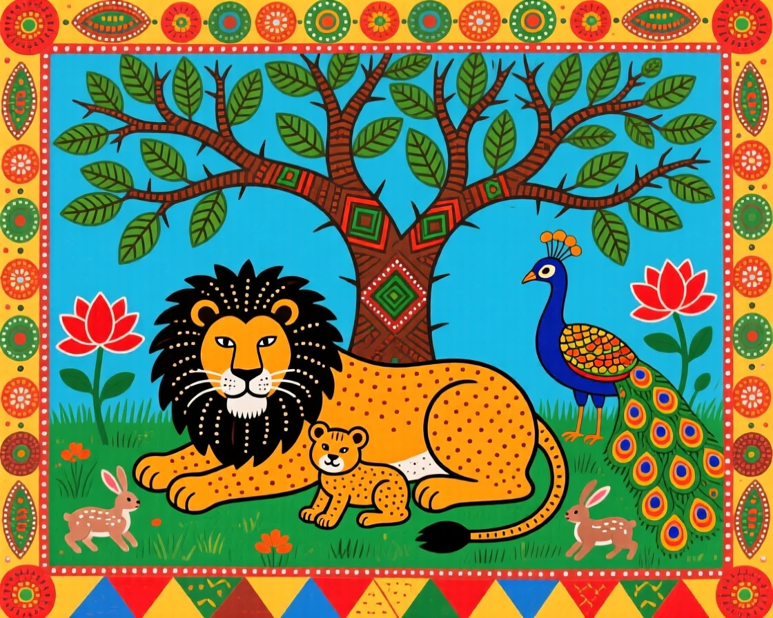 A lion resting with its pride beneath the shade of an acacia tree.