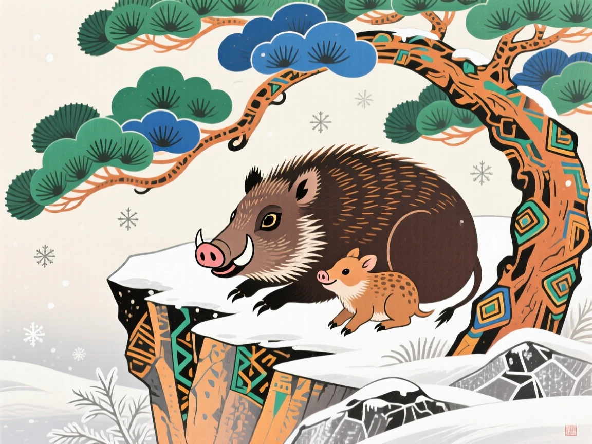 A wild boar with its young on a cliffside pine tree, in the stillness of early winter.