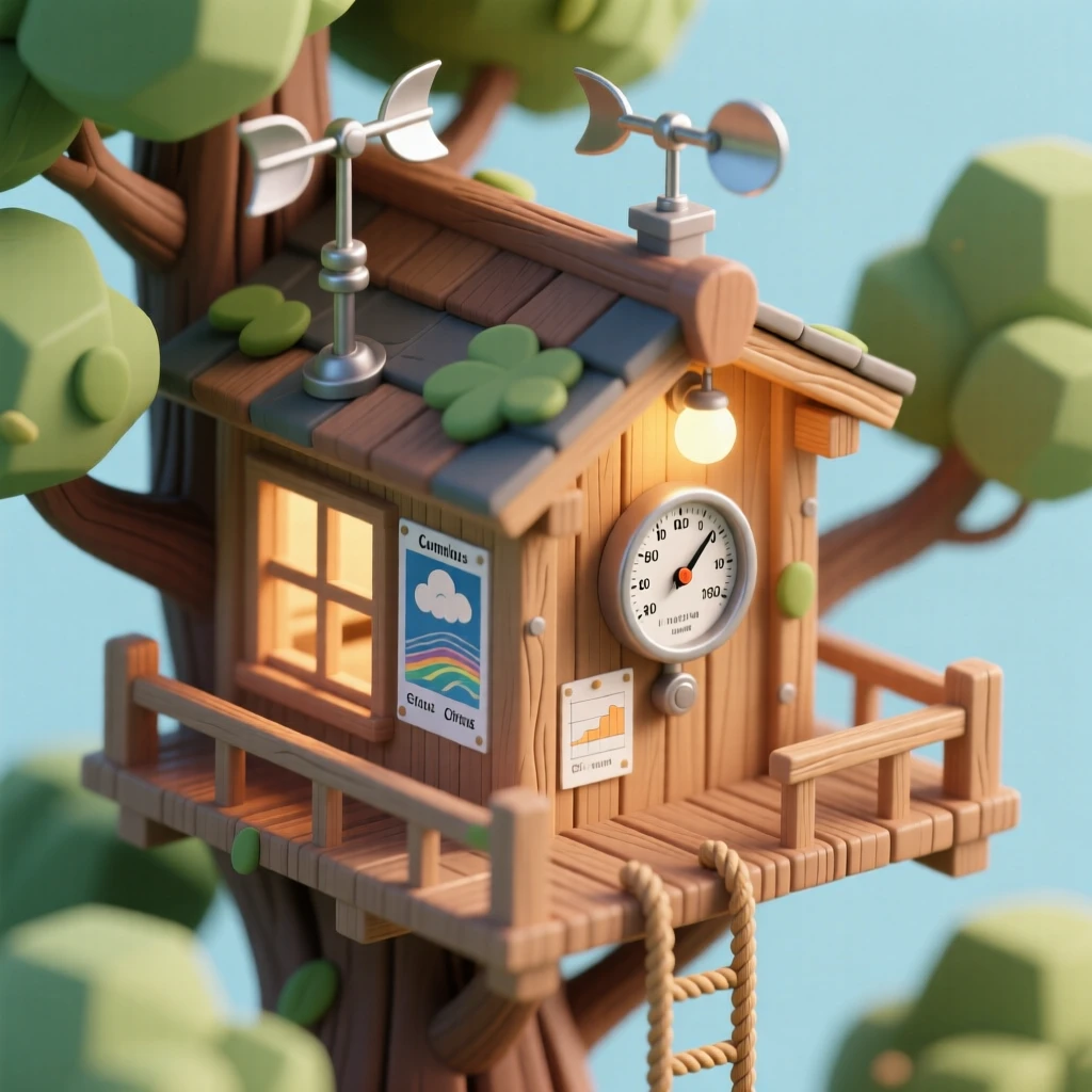 A treehouse weather station with spinning anemometers, a rope ladder to an observation deck, charts of cloud formations pinned to the wall, and a barometer glowing softly.