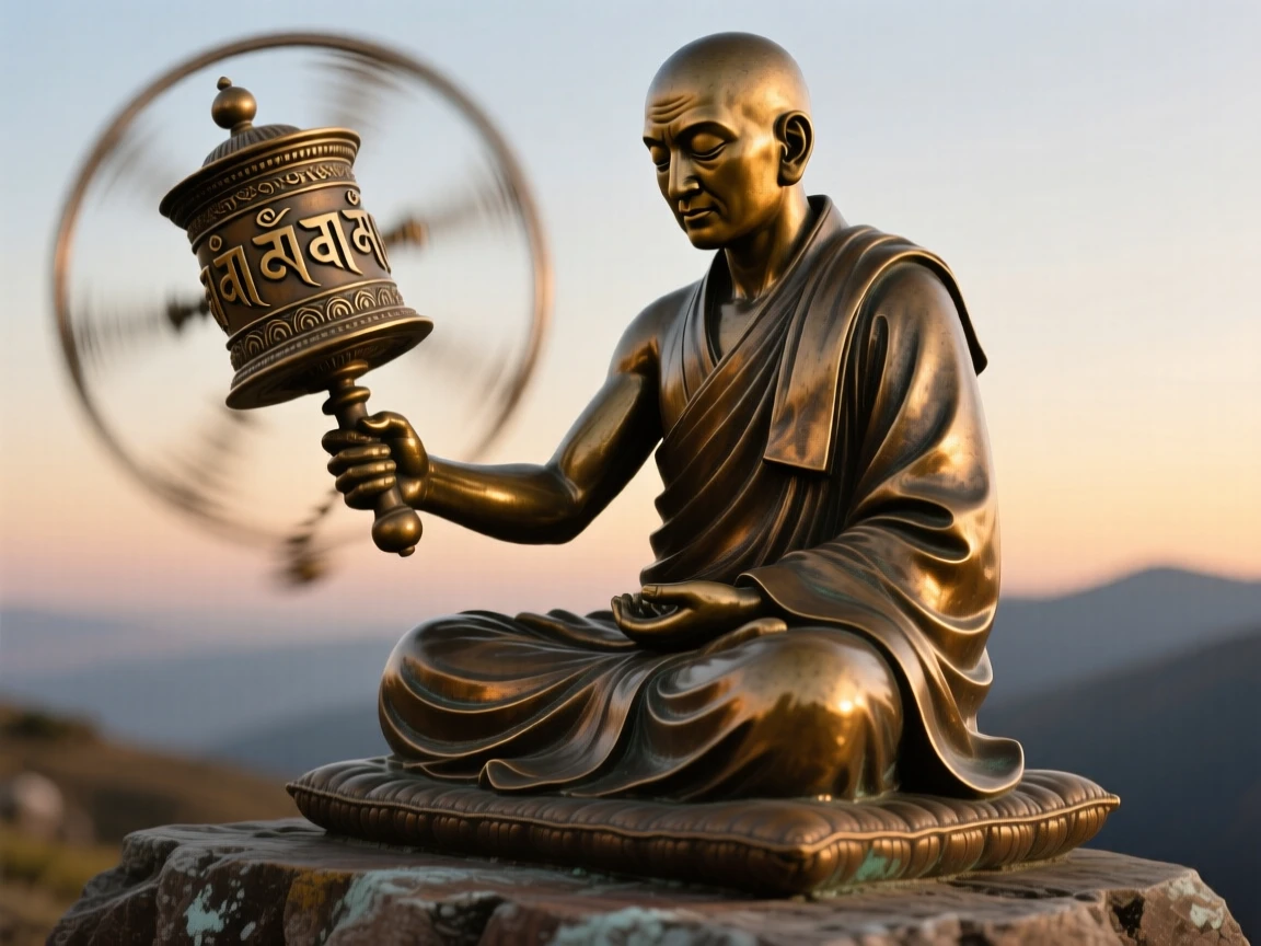 A tibetan monk spinning a prayer wheel at dawn, framed by soft, dramatic shadows, forming a strong central focal point