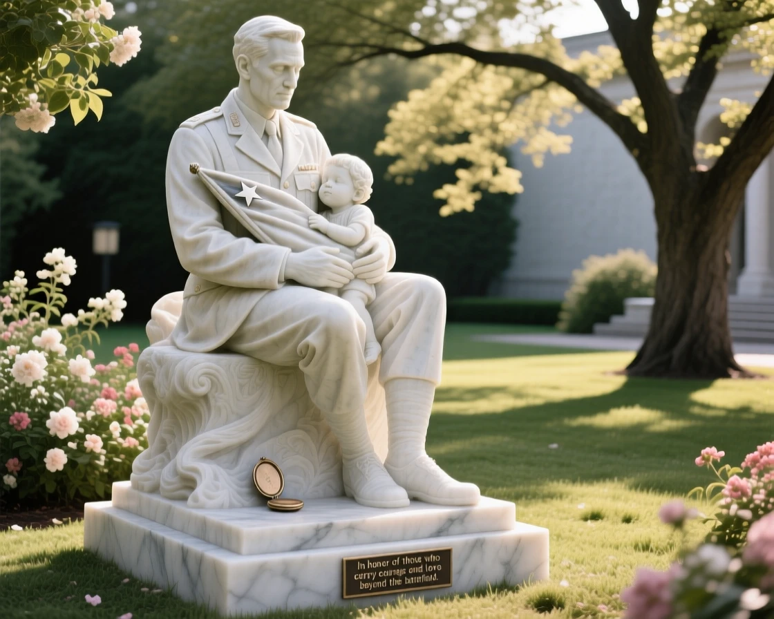 A tender portrait of a veteran soldier, cradling something precious close to their chest, in a sunlit garden, evoking warmth and humanity