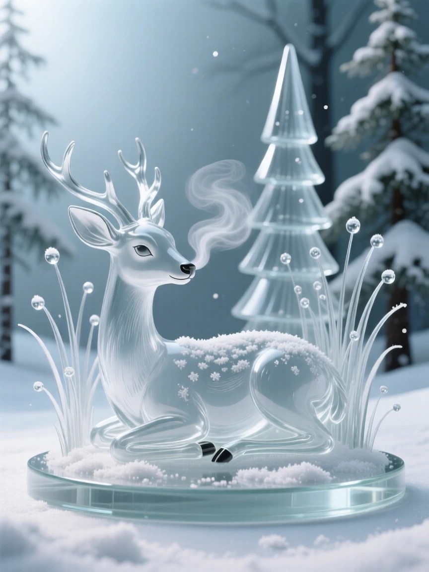 A fawn resting in tall grass in a snow-dusted pine forest, breath visible in the cold air, soft winter light giving the scene a hushed, peaceful feeling.