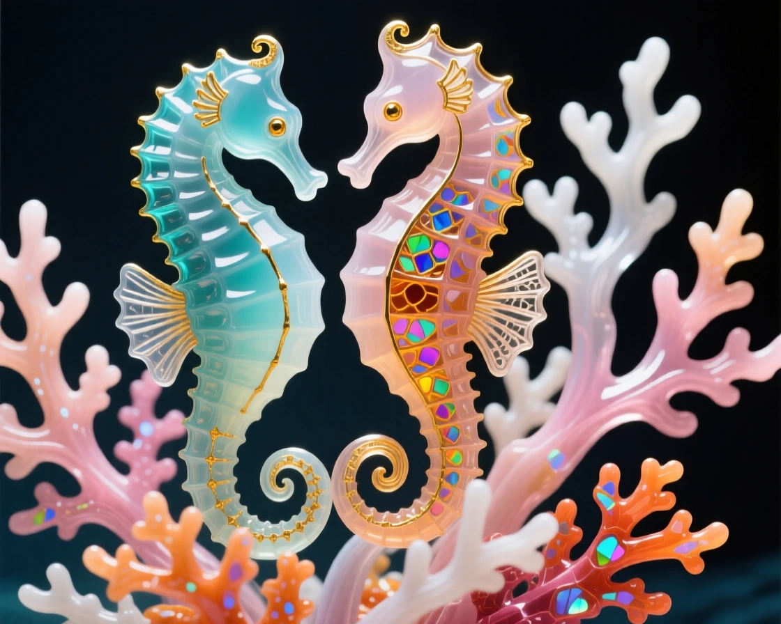 A pair of seahorses entwined by their tails among coral fronds, delicate and romantic.